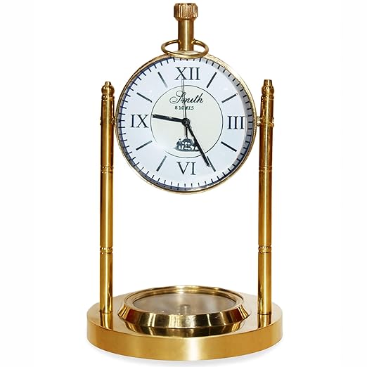 Vintage Brass Tabletop Clock with Compass Vintage Brass Tabletop Clock with Compass